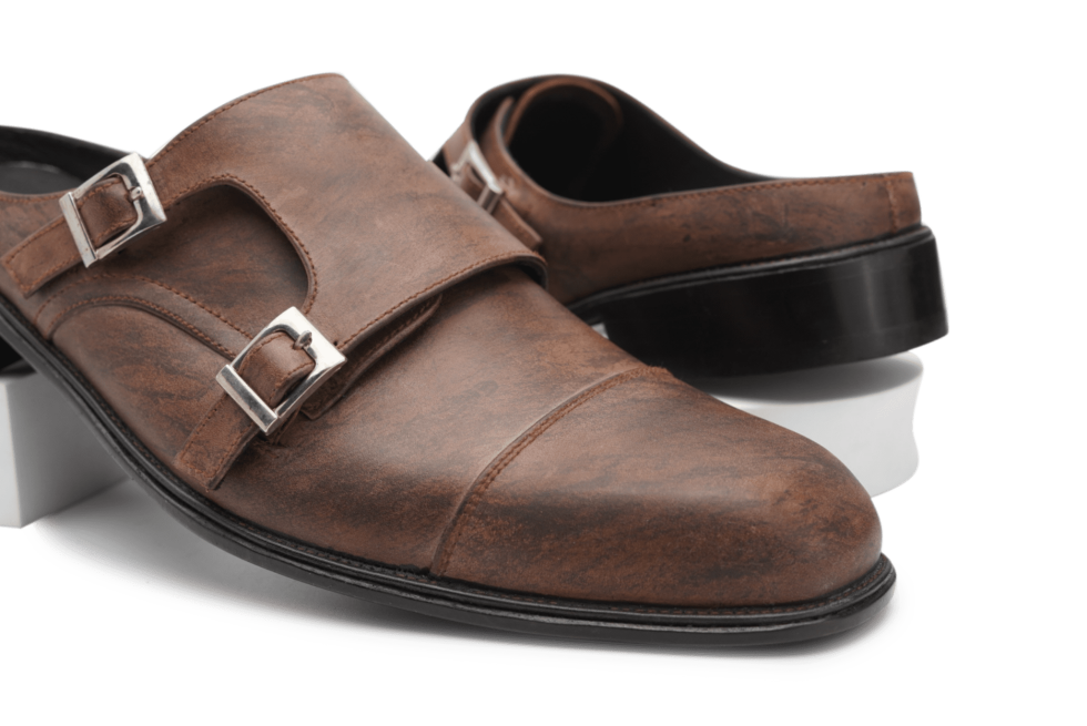 Double monk strap Pull-up leather backless marble patina Slip on Mule