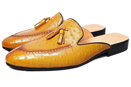 Tan Ostrich Embossed Split Toe Penny Loafers