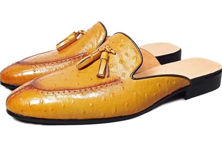 Tan Ostrich Embossed Split Toe Penny Loafers