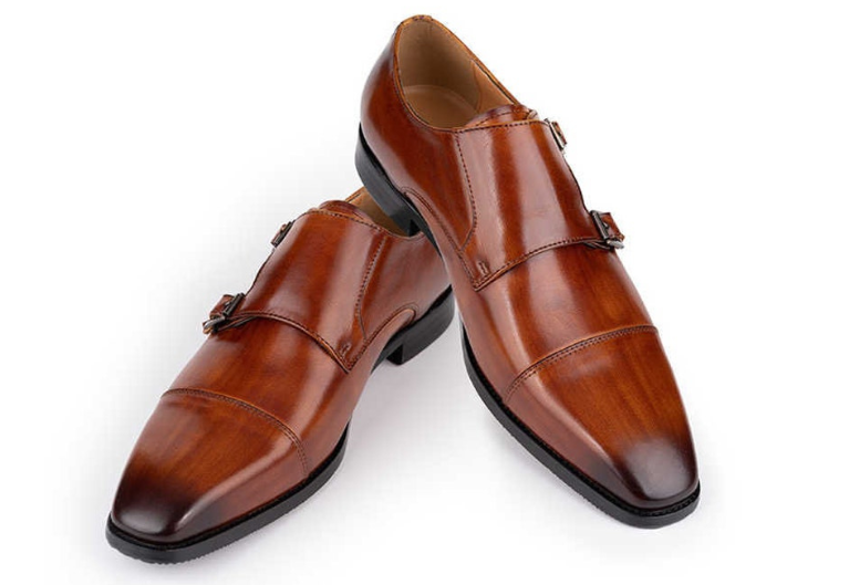 Brown Cap Toe Double Monk Strap Dress Shoes Hand-Painted Patina Finish