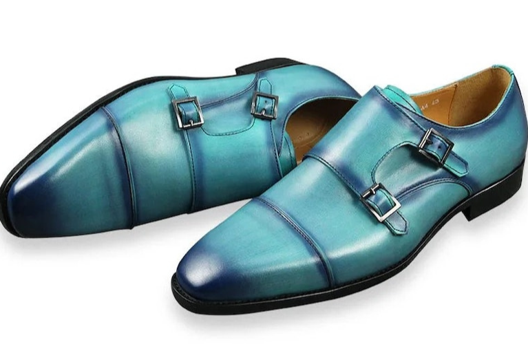 Turquoise Square Cap Toe Double Monk Strap – Luxury Men’s Dress Shoes with Patina Finish