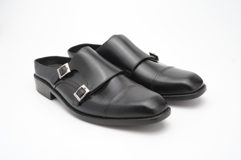 Handmade Leather Double Monk Strap Backless Mule for Men