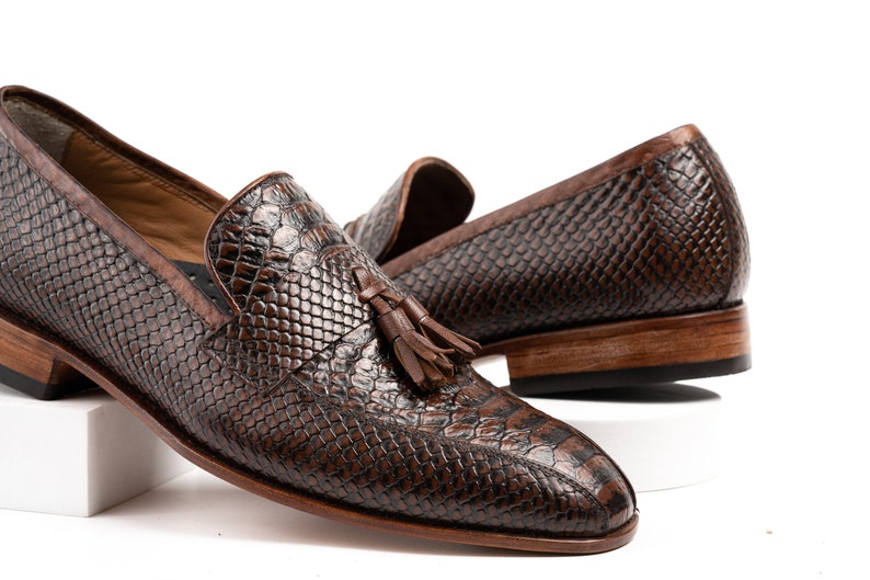 Python Embossed Bottle Toe Brown Tassel loafers Slip on Shoes