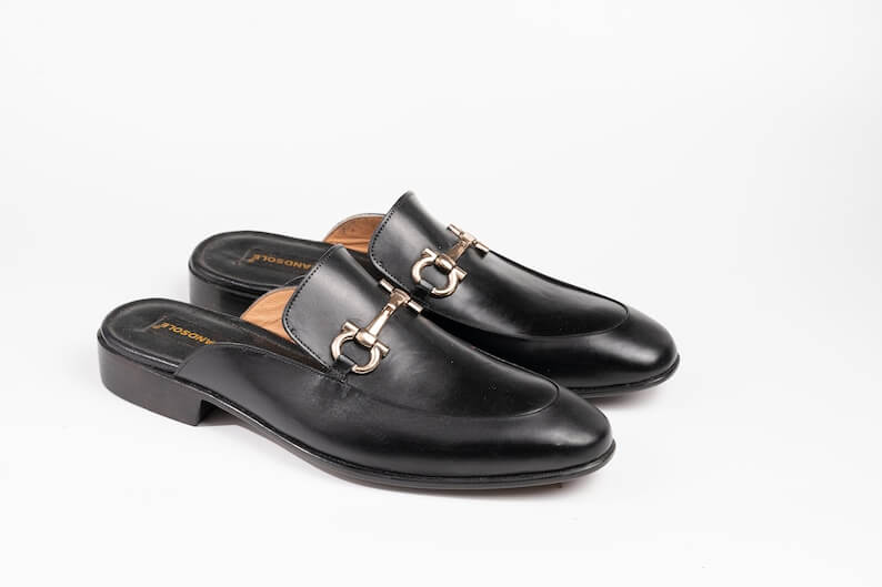 Women Black Aniline Horsebit loafer backless mule