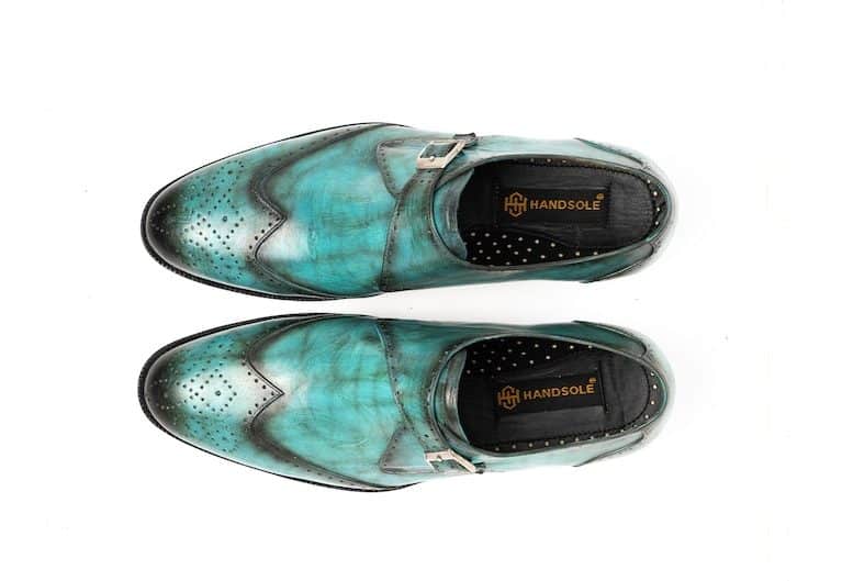 Brogue Wingtip Single Strap Monk Shoes with Hand-Painted Turquoise Patina & Premium Craftsmanship