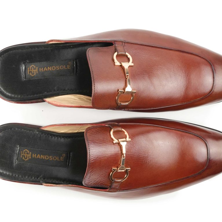 Apron Toe Cognac Hand Painted Horsebit Backless Loafer Mule - Premium Leather Slip-Ons