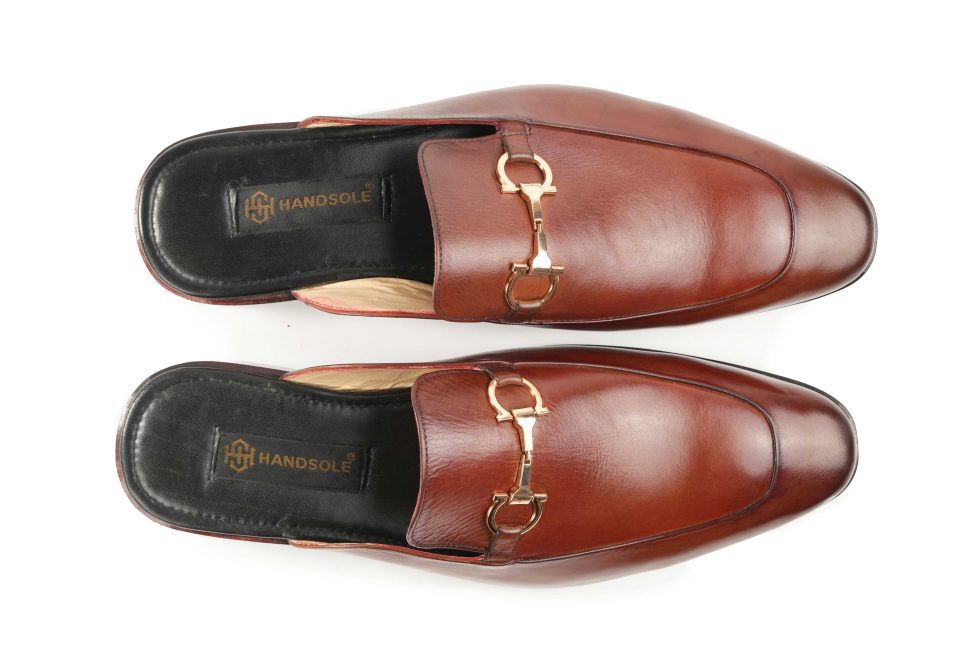 Apron Toe Cognac Hand Painted Horsebit Backless Loafer Mule - Premium Leather Slip-Ons