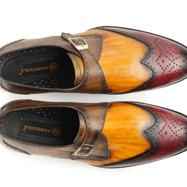 Brogue Wingtip Monk Strap Shoes – Hand-Patina Leather in Amber & Burgundy