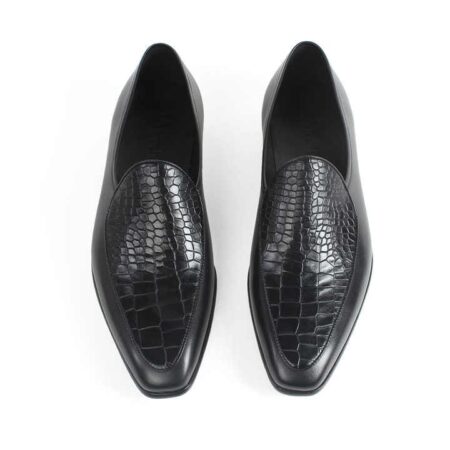 Crocodile-Embossed Square Apron Toe Black Dress Loafers